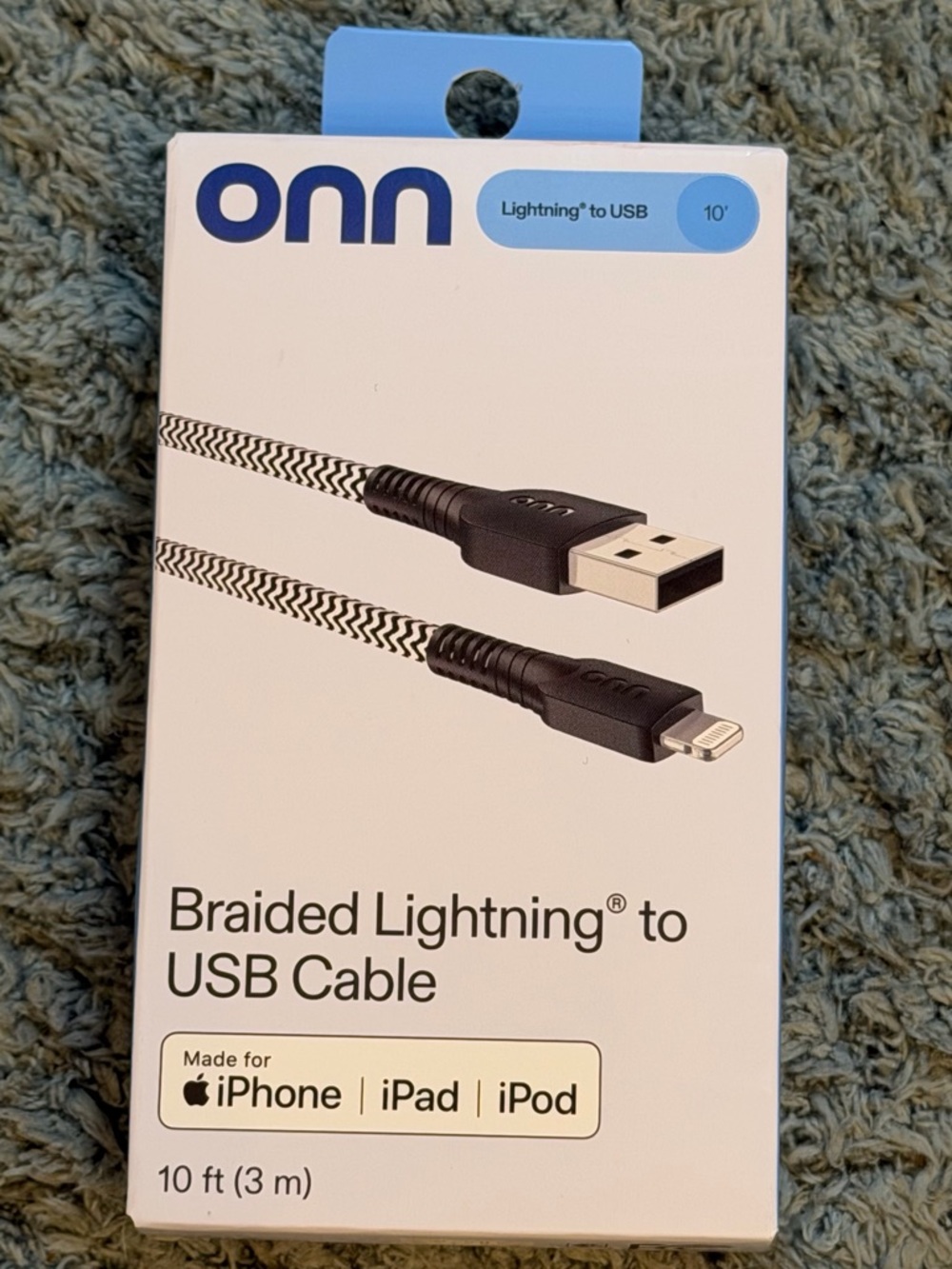 New Never Opened Onn Braided Lightning to USB Cable - Black and White